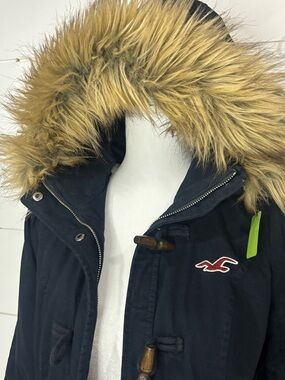 Vintage Hollister Y2K Black Toggle Duffle Coat - Faux Fur Hood - Size Medium